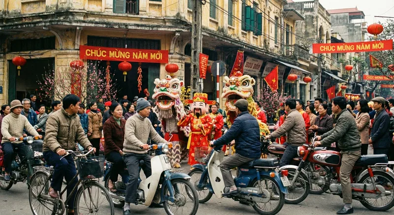 Lion dancers and motorbike riders fill a Hanoi street decorated with red Tet banners and lanterns.