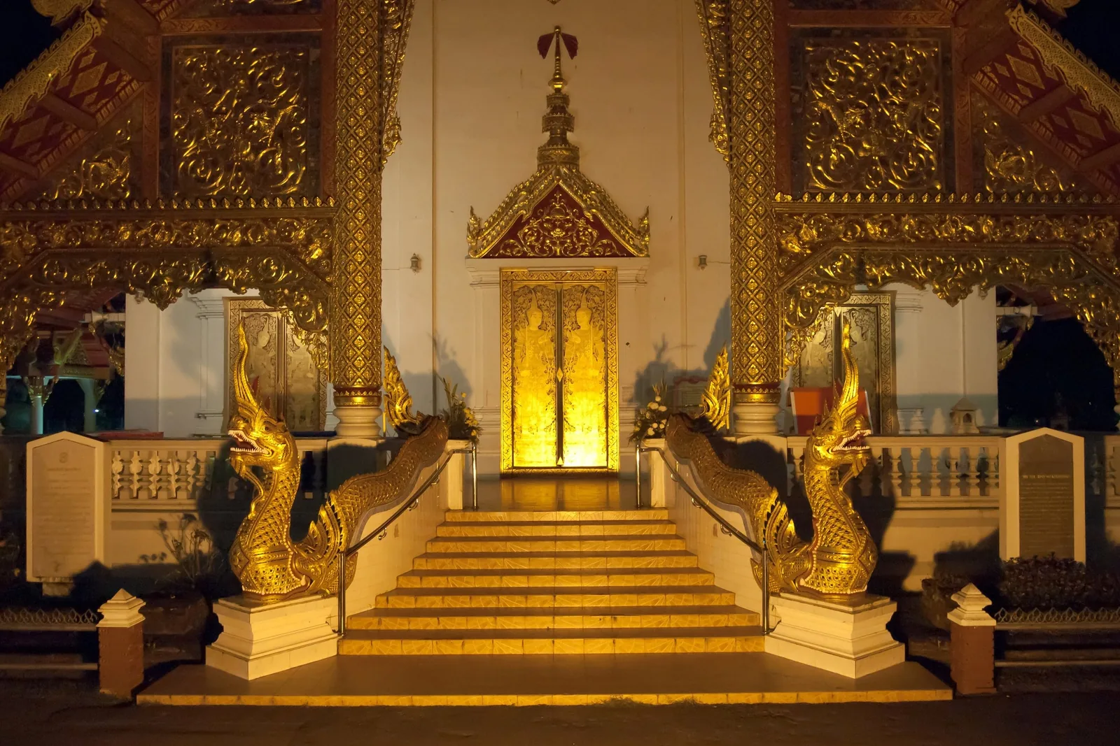 Golden naga serpent statues flank the illuminated entrance staircase of a Buddhist temple in Chiang Mai at night.